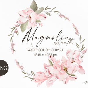 水彩画のマグノリアの花輪。花の PNG ウェディング クリップアート。緑、葉、葉、つぼみ、花。テキスト用のスペース。