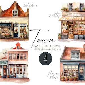 Aquarell Stadt Clipart: Gebäck, Café, Buchhandlung und Blumenladen zum sofortigen Download. Kommerzielle Nutzung, digitale png niedliche Bilder. Straßencafe