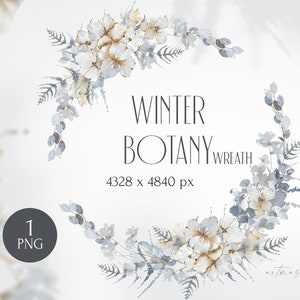 Clipart de guirlanda em aquarela, arranjo de casamento para download instantâneo. Quadro macio floral com espaço para texto png. Flores de inverno, samambaia, folha