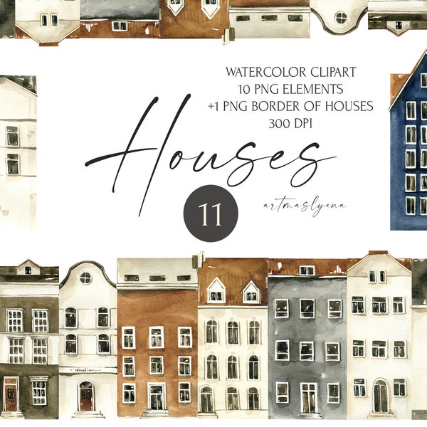 Watercolor City houses clipart. Digital town png illustration. Elegant home clipart. Cute realistic painted house, art for instant download.