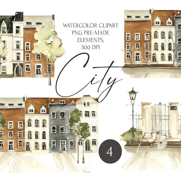 Watercolor City house png clipart. Digital town illustrations. Pre-made compositions of houses, streets, lanterns, bikes, trees, buildings.