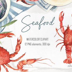 Aquarel zeevruchten clipart voor onmiddellijke download. Handgetekende Srimps, Octopus, Inktvis, Krab, Zalm en gerechten met zeevruchten. In PNG-formaat, 300 dpi.