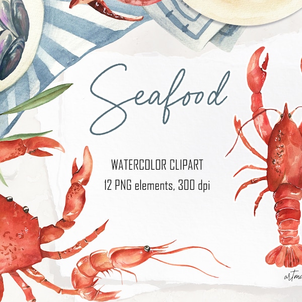 Watercolor Seafood clipart for instant download. Hand drawn Srimps, Octopus, Squid, Crab, Salmon and dishes with Seafood. In PNG, 300 dpi.