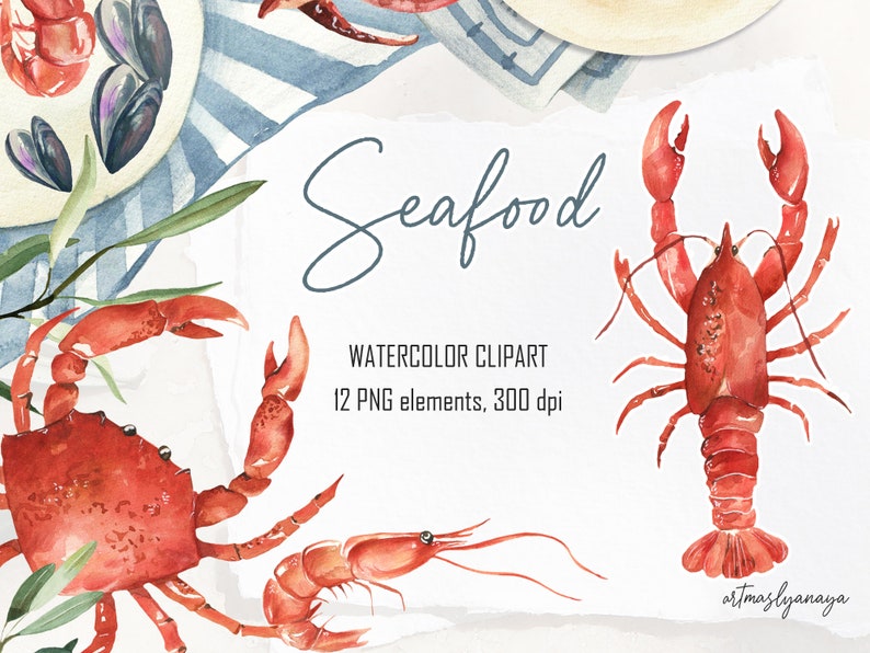 Watercolor Seafood Clipart for Instant Download. Hand Drawn Srimps ...