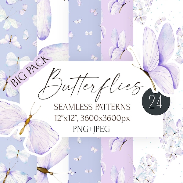 Watercolor Butterflies seamless patterns, digital paper png, jpg. Instant download prints, insects, butterfly, blue, violet, floral clipart.