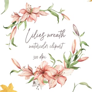 Coroa de Lírios em Aquarela. Clipart digital floral para design em PNG. Coroa de flores botânica de alta qualidade para download instantâneo. Espaço para texto
