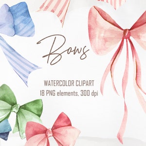 Op de afbeelding: Waterverf clipart van 18 strikken in verschillende kleuren, waaronder roze, blauw, groen en rood. De strikken zijn realistisch geschilderd en hebben een waterverftextuur. De tekst "Bows" is geschreven in bruin cursief boven de strikken. De tekst "WATERCOLOR CLIPART" is geschreven in bruin onder de strikken. De tekst "18 PNG-elementen, 300 dpi" is geschreven in bruin onder de tekst "WATERCOLOR CLIPART".