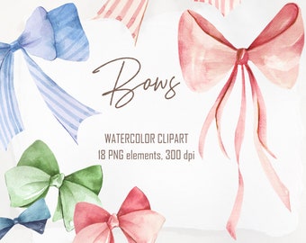 Watercolor clipart colorful bows. Hand painted Bow, Birthday party decoration. Christmas decor for instant download in PNG.