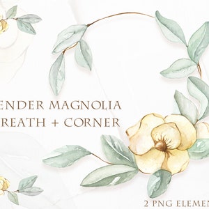 May include: Watercolor illustration of a magnolia wreath and corner element. The wreath is made of green leaves and white magnolia flowers. The corner element is a single magnolia flower with green leaves.