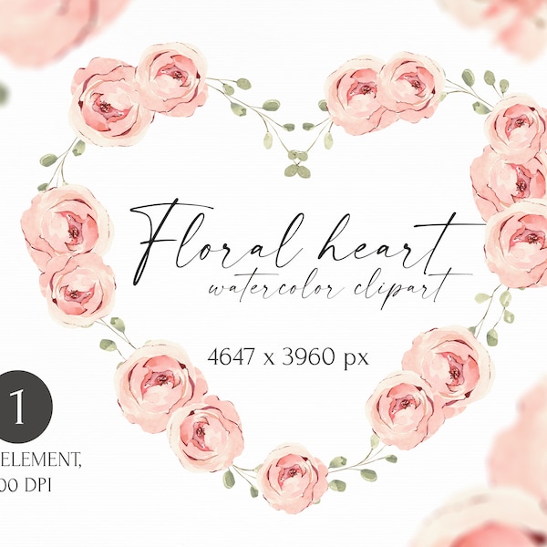 Watercolor floral heart wreath clipart. Valentine's flowers composition for instant download. Digital heart frame, love png illustration.