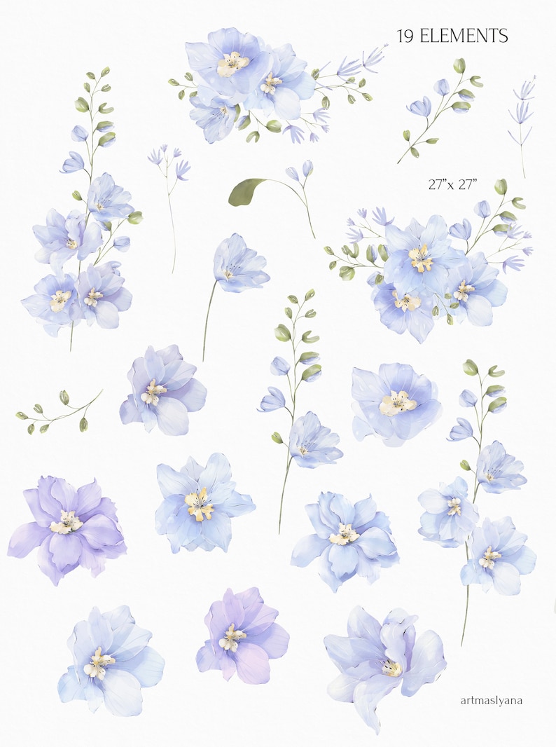 Watercolor Delphinium Flowers Clipart. Floral PNG Bouquets, Wreaths ...