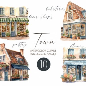 Aquarell Stadt Clipart: Gebäck, Café, Buchhandlung, Blumenladen, Haus zum sofortigen Download. Kommerzielle Nutzung, digitales PNG-Bild, Straßencafe