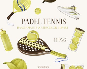 Padel Tennis Illustrations, Paddel Rackets, Balls and Equipment, Sports Clipart, Watercolor Activity Images, Country Club Aesthetic