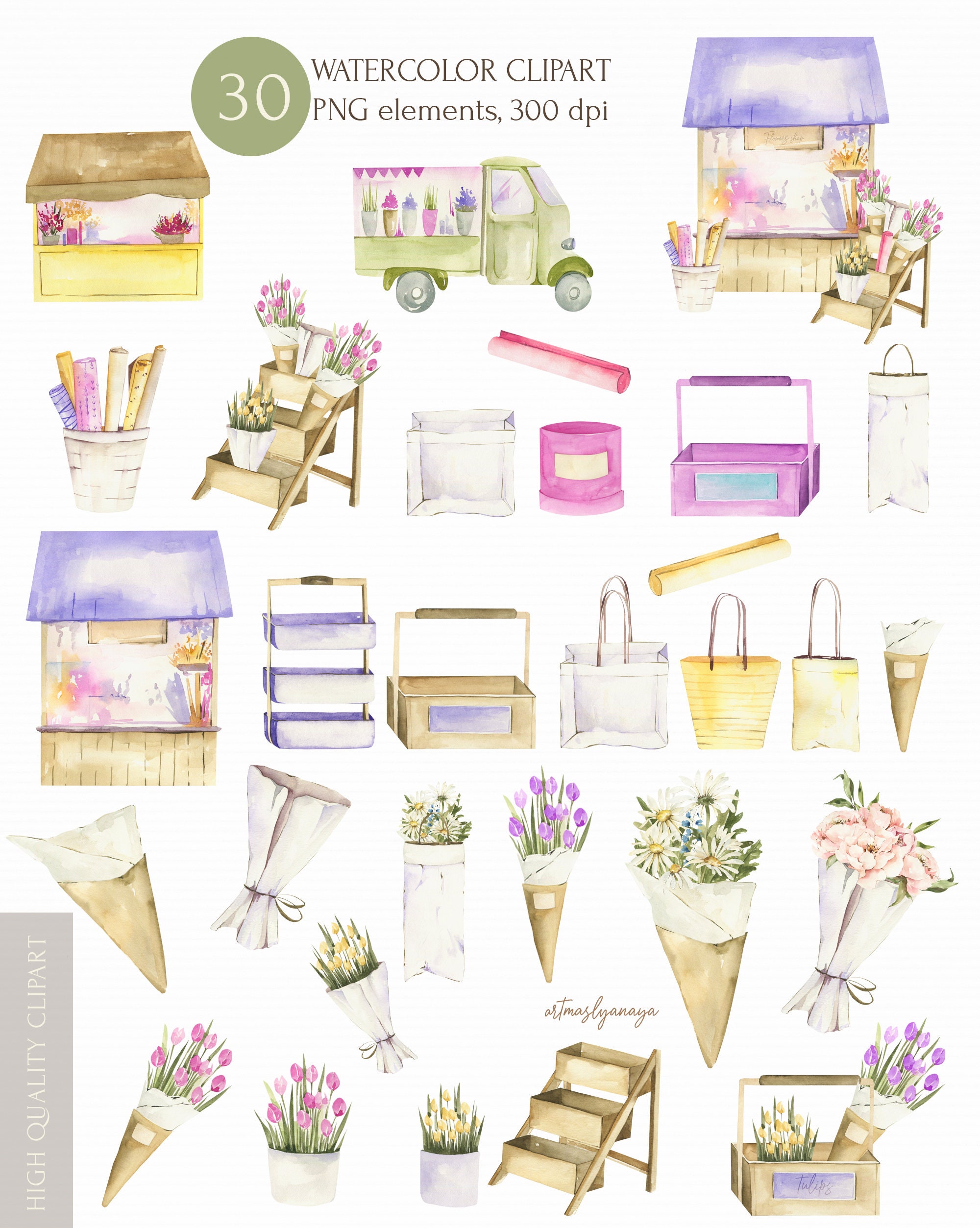 Watercolor Flower Shop PNG Clipart. Flowers Market Floral Bar - Etsy