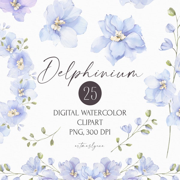 Watercolor Delphinium flowers clipart. Floral PNG bouquets, wreaths, elements. Greenery, blue flowers blossom, buds. Wedding arrangements.