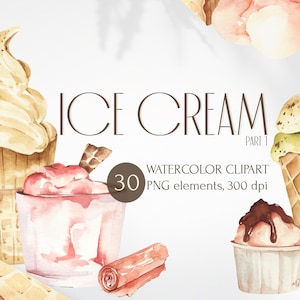 Aquarell Eis Clipart. Eiswaffeltüten, Eiskugeln, Schokolade, Karamell, Frucht. Süße Sommer Cliparts zum sofortigen Download