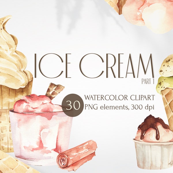 Watercolor ice cream clipart.  Ice cream waffle cone, ice cream scoops, chocolate, caramel, fruit. Sweet summer clipart for instant download