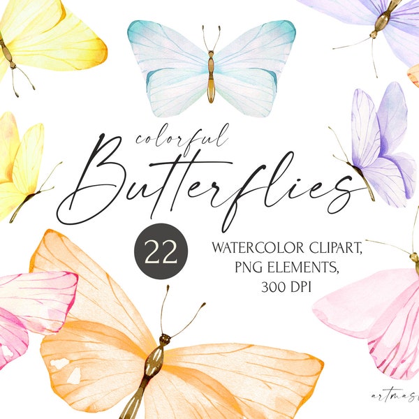 Watercolor Cute Butterfly Clipart, Tender blue violet pink yellow orange Butterflies Illustrations for baby shower, birthday cards PNG.