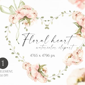 水彩画の花のハートのリースのクリップアート。すぐにダウンロードできるバレンタインの花のコンポジション。デジタルハートフレーム、愛のPNGイラスト。