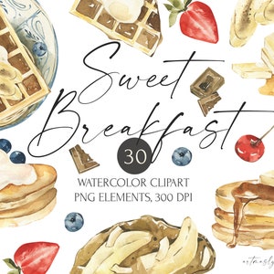 Clipart petit déjeuner sucré aquarelle. Nourriture savoureuse : pain grillé, gaufres, crêpes aux baies, fruits, chocolat png thumbnail