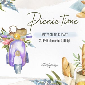 Aquarel Clipart Picknicktijd. Digitale set voor het direct downloaden van voedsel, transport, apparaten, mediterrane gerechten. Picknick esthetische PNG.
