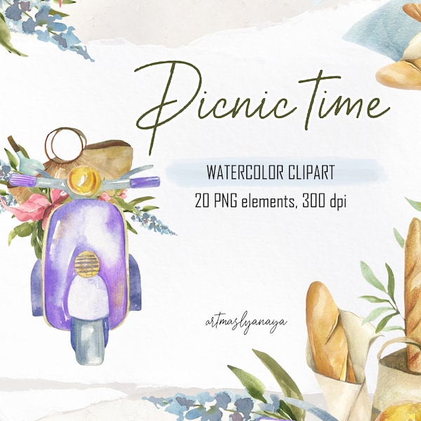 Watercolor Clipart Picnic time. Digital set for instant download of food, transport, devices, mediterranean dishes. Picnic aesthetic PNG.