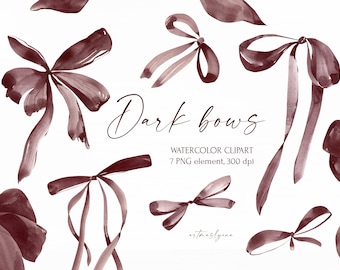 Watercolor dark bows clipart, Halloween party illustrations, black bows, ribbons, png.