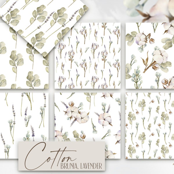 Watercolor Digital Prints of Cotton, Brunia, Lavender, Eucalyptus for instant download. Floral Greenery Botanical Seamless Patterns in PNG