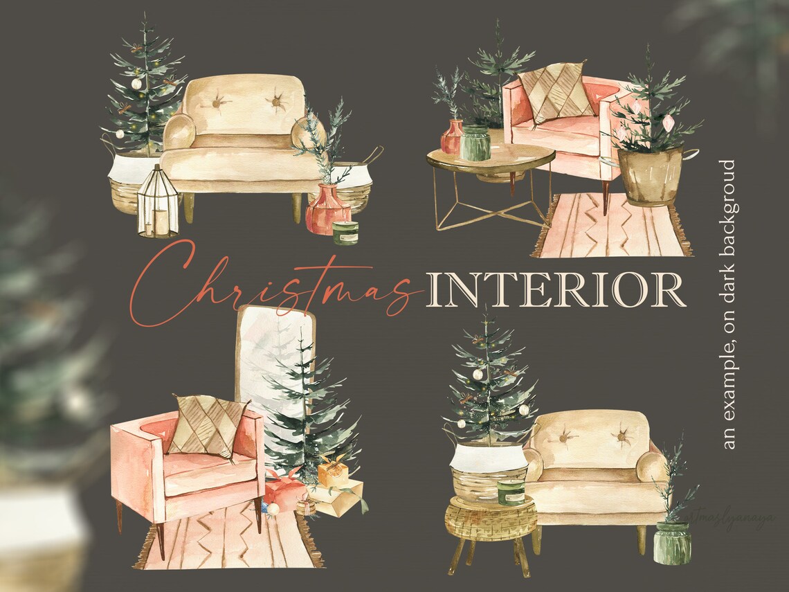 Watercolor Christmas Interior Clipart, Winter Holidays Time, Christmas ...