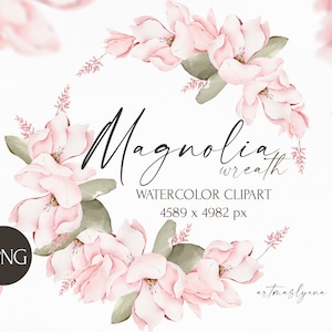 Watercolor Wreath of Magnolia flowers. Floral PNG wedding clipart. Greenery, foliage, buds, blossom arrangement. Space for your text png.