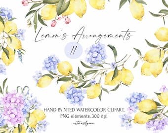May include: Watercolor clipart featuring lemons, blue and purple hydrangeas, and green leaves. The text "Lemon's Arrangements" is displayed in elegant script. The image also includes the text "Hand Painted Watercolor Clipart, PNG elements, 300 dpi".
