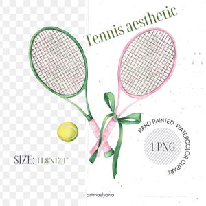 Clipart de acuarela de pelota de tenis y raquetas, ilustración deportiva coqueta png, lazo verde preppy, sublimación de club de campo rosa, núcleo deportivo