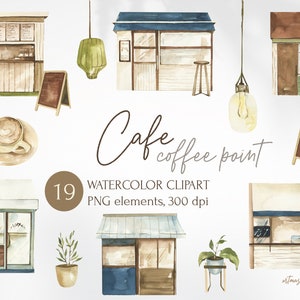 Watercolor Coffee houses, cafe buildings, modern coffee point. Digital beverage, plants and furniture PNG. Cozy Workspace elements 300 dpi