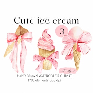 Aquarell rosa Eis Clipart, süße Kokette Illustrationen, rosa Bögen Bilder, Frühling Valentine Set, Mädchen Ästhetik Party Elemente png