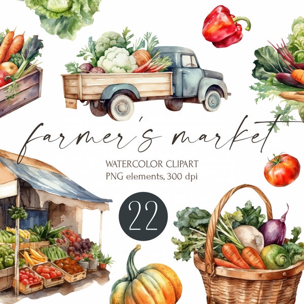 Clipart aquarelle du marché fermier : fermier, légumes, paniers, boîtes, camions, chariots, étals à usage commercial, téléchargement immédiat, fichier png