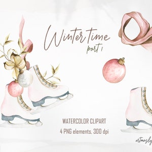 Aquarel Winter Clipart elementen. Geschilderde feestdagen ingesteld op Kerstmis van schaatsen, sjaal en compositie. PNG-bestanden voor direct downloaden.