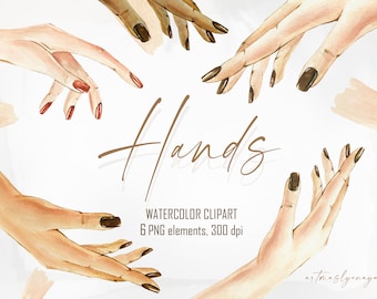 Watercolor clipart Hands. Hand painted trendy manicure, nail design for instant download in PNG. Digital womans hand for your design. 300dpi
