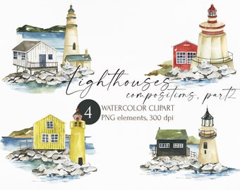 Watercolor Lighthouses compositions clipart for instant download. Ocean, sea views with lighthouses. Digital painted seascape clip art png.