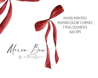 Watercolor Maroon Color Bow Clipart, Preppy Burgundy Bow Tie, Elegant Ribbon Hand Painted Illustration png for instant download