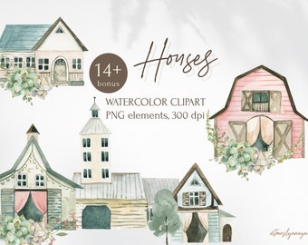 Acuarela pueblo Casas Cottages clipart para descarga instantánea. Iglesia, granero, cabaña pintados a mano en PNG. Diseño para tarjetas de inauguración.