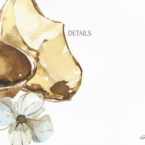 May include: Watercolor painting of a brown and yellow flower with white petals and a brown center. The flower is surrounded by brown and yellow leaves. The word "DETAILS" is written in black text at the top of the image.