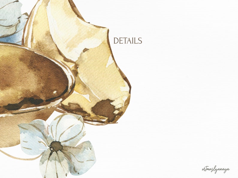 May include: Watercolor painting of a brown and yellow flower with white petals and a brown center. The flower is surrounded by brown and yellow leaves. The word "DETAILS" is written in black text at the top of the image.