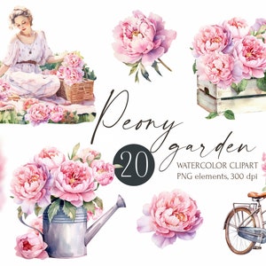 Clipart del giardino di peonie ad acquerello, immagini digitali delicate, fiori di peonia rosa, fiori in fiore, casa, bicicletta, annaffiatoio, illustrazione png di donna