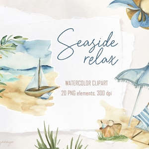 Collection de détente en bord de mer à l'aquarelle. Clipart de repos de la mer pour la conception en PNG. Ensemble numérique nautique. Clipart de week-end méditerranéen, 300 dpi