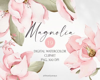 May include: A digital watercolor clipart set of 19 pink magnolia flowers and leaves. The flowers are painted in a soft, romantic style and are perfect for adding a touch of elegance to any project. PNG, 300 DPI. artmaslyanaya.