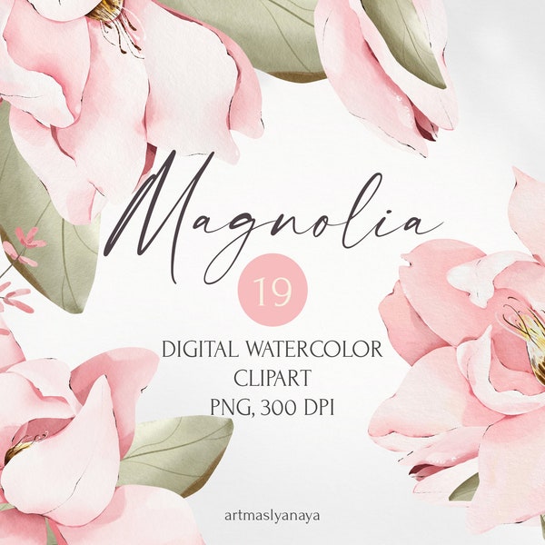Watercolor digital illustration of Magnolia flowers. PNG clipart for instant download. Ideal for bridal shower, mother's day or wedding card