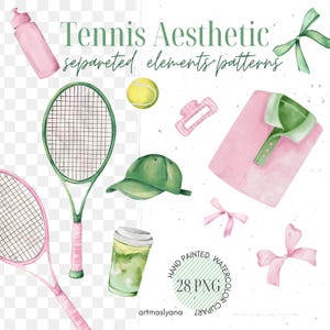 Colección Estética de Tenis, Ilustraciones de Tenis Pintadas a Mano, Clipart de Acuarela, Lazos Rosados y Verdes, Deporte Femenino, Arte de Coqueta
