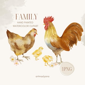 Aquarell Henne und Hahn Familie Clipart, Huhn, Küken, Niedliche Oster Illustration, Bauernhof Tiere Bild png, Geflügel, Cottagecore Art