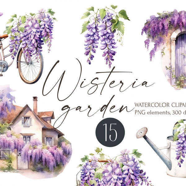 Glycine floral jardin aquarelle clipart, fleurs lilas, fleur, floraison, maisons, arrosoir, panier pique-nique, vélo, printemps images png