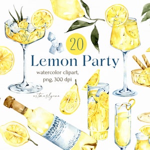 Aquarel clipart citroen feestelementen, citrus zomercocktails, ijs, limoncello, limonade, sap, digitale afbeeldingen, Instant download